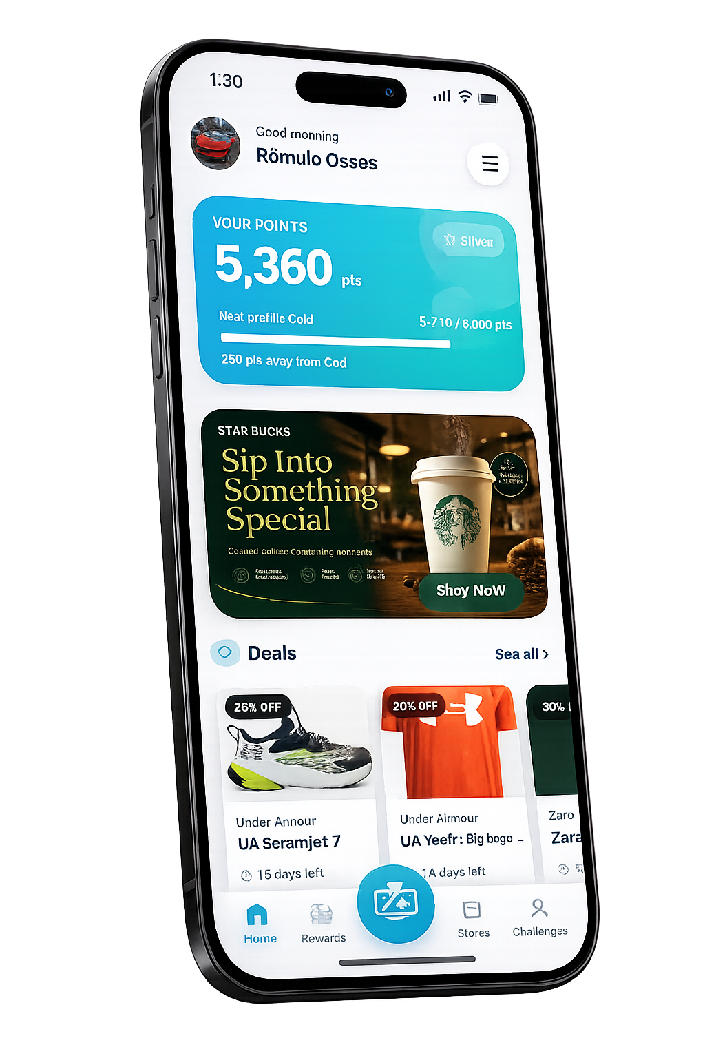 Aplicativo Movewards exibido em um celular